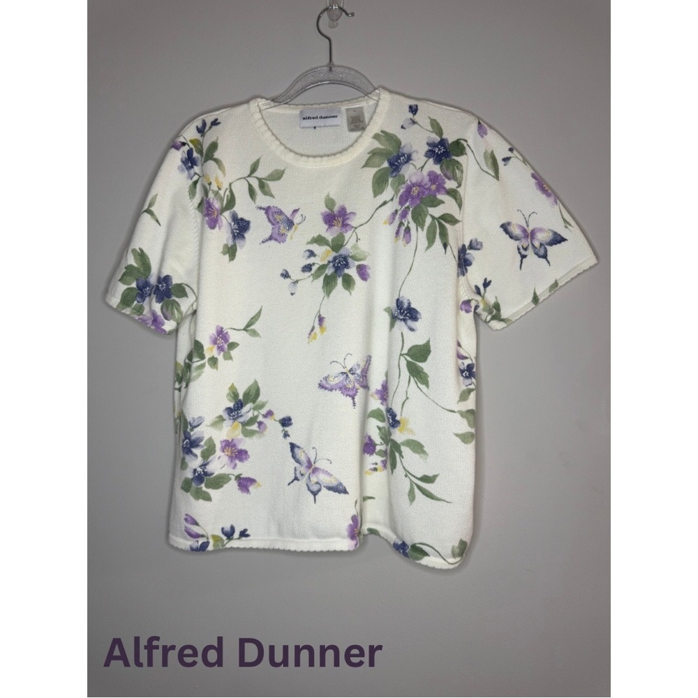 Alfred Dunner Floral Butterfly Knit Top White Purple Green Short Sleeve Size L